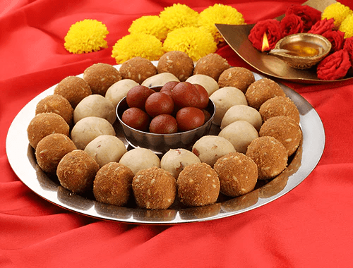 A platter of festive laddus from the shop